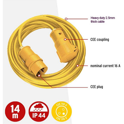 Brennenstuhl Extension Cable CEE 110V 14m Yellow H05VV-F 3G2.5 Heavy Duty 2.5mm