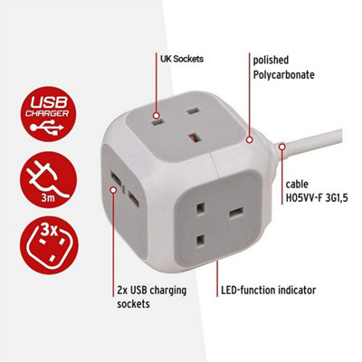 Brennenstuhl Extension Lead Cube 3 Gang and 2 USB Ports 3 Metre Heavy ...