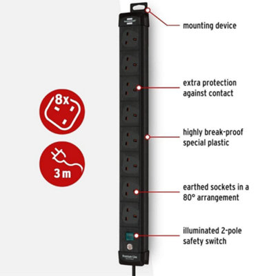 Brennenstuhl Premium-Line, 6-Way Extension Lead - 3 Metre Cable - On ...