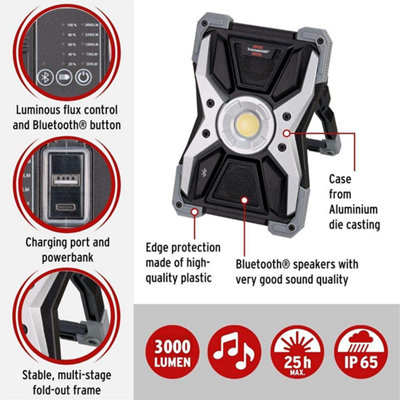 Brennenstuhl Rechargeable Work Light With Bluetooth Speaker Rechargeable LED Light 3000 Lumens - Lasts Up To 25 Hours per Recharge