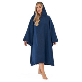Brentfords Adult Poncho Oversized Hooded Towel Bath Robe, Navy - One Size