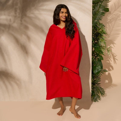 Brentfords Adult Poncho Oversized Hooded Towel Bath Robe, Red - One Size