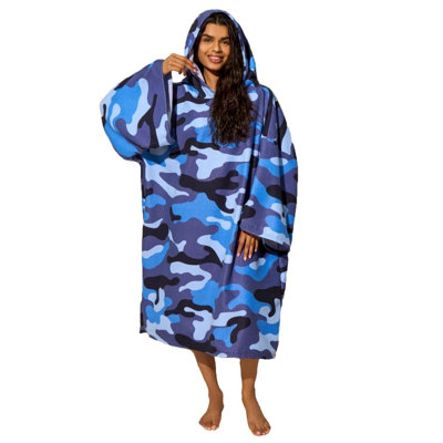 Brentfords Camo Print Adult Towel Poncho Oversized Hooded One Size, Navy Blue