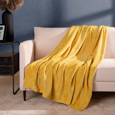 Brentfords Large Flannel Fleece Blanket Soft Throw Over Bed Sofa - Ochre Mustard Yellow