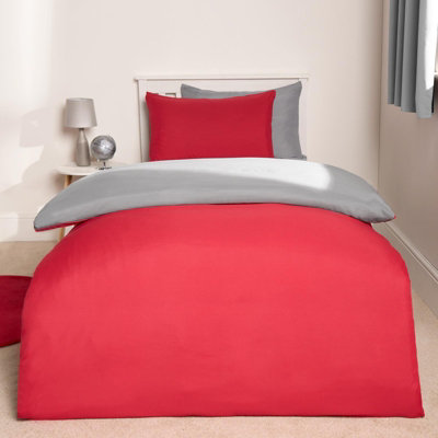 Brentfords Reversible Duvet Cover Pillowcase Bedding Set, Red Grey- Single