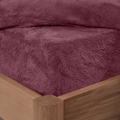 Brentfords Teddy Fleece FITTED Bed Sheet Soft Thermal Warm, Burgundy - Single