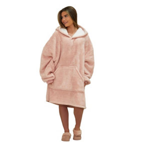 Brentfords Teddy Fleece Sherpa Hooded Blanket Oversized Adults Throw - Blush