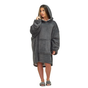 Brentfords Teddy Fleece Sherpa Hooded Blanket Oversized Adults Throw - Charcoal