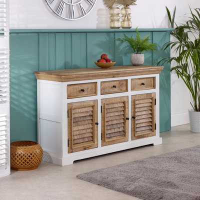 Breo Solid Mango Wood Large Sideboard 3 Doors & 3 Drawers White