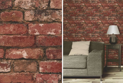 Brewster FD31285 Rustic Brick Wallpaper, Red