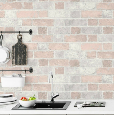 Brick Wall Effect Stone Pale Pink Light Grey Rustic Wallpaper Blush ...