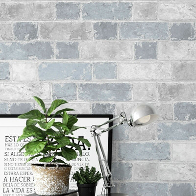Brick Wall Effect Stone Sky Blue Light Grey Rustic Wallpaper Bedroom