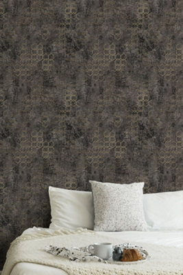 BRICOFLOR Black and gold geometric wallpaper Self adhesive Non woven wallpaper ideal for bedroom 10.05 x 0.53 m