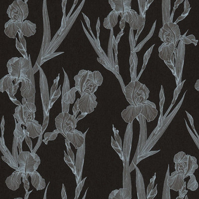 BRICOFLOR Black Silver Floral Patterned Textured Wallpaper Scrubbale Non-Woven Vinyl Wallpaper 10.05 x 0.53 m
