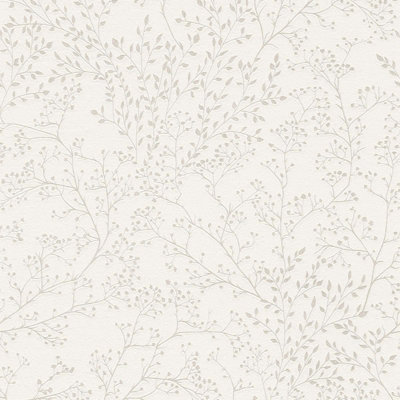 BRICOFLOR Cream and Grey Floral Wallpaper with Tree Design Neutral Nature Wallpaper with Leaf Pattern 10.05 x 0.53 m