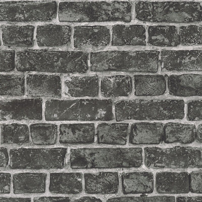 BRICOFLOR Dark Grey Brick Effect Distressed Industrial Wallpaper Non-Woven Vinyl Offset Match 64/32cm Scrubbable 10.05 x 0.53 m