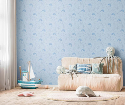 BRICOFLOR Non-woven wallpaper, animal wallpaper in blue, pastell - 10,05 x 0,53 m