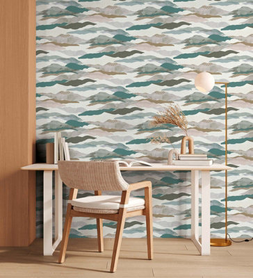 BRICOFLOR Non-woven wallpaper, chinoiserie, modern, scandinavian in brown, grey, green, turquoise, white - 10,05 x 0,53 m