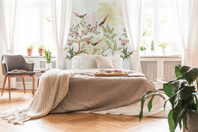 BRICOFLOR Non-woven wallpaper, chinoiserie wallpaper, bird, forest & tree multicoloured, grey, green - 1,59 x 2,8 m