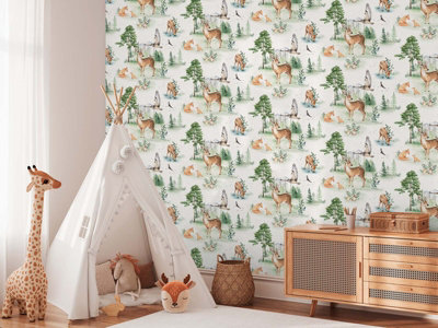 BRICOFLOR Non-woven wallpaper, forest & tree wallpaper in brown, green - 10,05 x 0,53 m