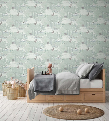 BRICOFLOR Non-woven wallpaper, forest & tree wallpaper in brown, green, pastell - 10,05 x 0,53 m