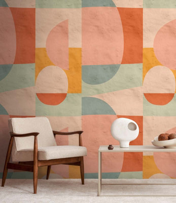 BRICOFLOR Non-woven wallpaper, funky wallpaper, retro, geometric, forest & tree in yellow, orange, pink - 1,59 x 2,8 m