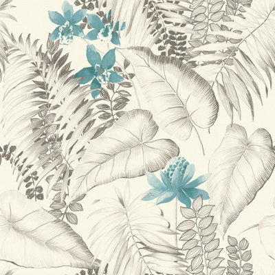 BRICOFLOR Non-woven wallpaper, leaf & palm wallpaper in blue, black, anthracite - 10,05 x 0,53 m