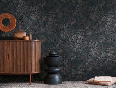 BRICOFLOR Non-woven wallpaper, leaf & palm wallpaper in brown, black, silver - 10,05 x 0,53 m