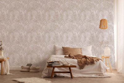 BRICOFLOR Non-woven wallpaper, leaf & palm wallpaper in white - 10,05 x 0,53 m