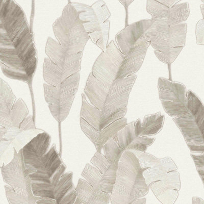 BRICOFLOR Non-woven wallpaper, leaf & palm wallpaper in white - 10,05 x 0,53 m