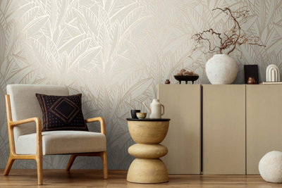 BRICOFLOR Non-woven wallpaper, leaf & palm wallpaper in white - 10,05 x 0,53 m