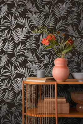BRICOFLOR Non-woven wallpaper, leaf & palm wallpaper, luxury in black, silver - 10,05 x 0,53 m