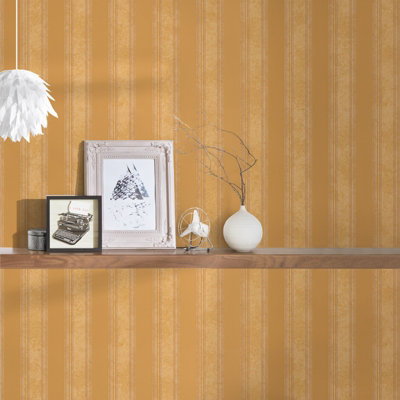 BRICOFLOR Orange and Gold Striped Free Match Wallpaper Strippable and Scrubbable Non-Woven Vinyl Wallpaper 10.05 x 0.70 m