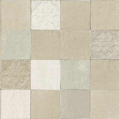 BRICOFLOR Textured Effect Tile Effect Wallpaper In Cream, Grey Washable Modern Non-Woven Wallpaper 10.05 x 0.53 m