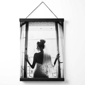 Bride in Window Fashion Black and White Photo Medium Poster with Black Hanger