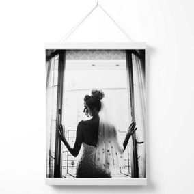 Bride in Window Fashion Black and White Photo Poster with Hanger / 33cm / White