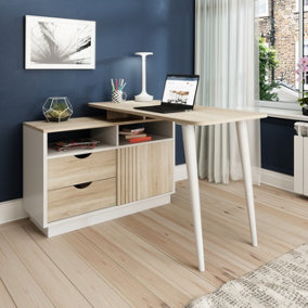 Bridge Desk Sonoma Oak effect finish and white accents and can be assembled left or right