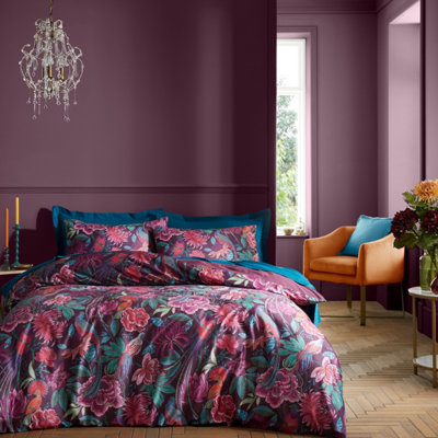 Bridgerton By Catherine Lansfield Kate Floral Soft Velvet Double Duvet Cover Set with Pillowcases Plum