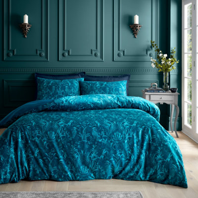 Bridgerton By Catherine Lansfield Regal Birds Soft Velvet Double Duvet Cover Set with Pillowcases Teal Green