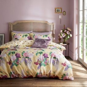 Bridgerton By Catherine Lansfield Wisteria Bouquet Reversible Duvet Cover Set with Pillowcases Yellow