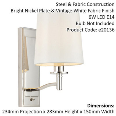 Bright Nickel Indoor Wall Light Fitting Vintage White Fabric