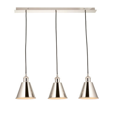 Bright Nickel Three Light Ceiling Pendant & White Inner Shade Knurled Detailing