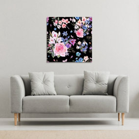Bright Pink Flowers on Black (Canvas Print) / 101 x 101 x 4cm