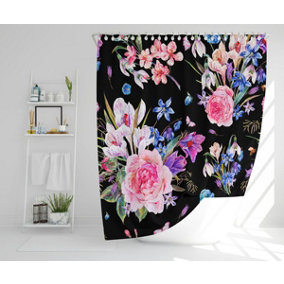 Bright Pink Flowers on Black (Shower Curtain) / Default Title