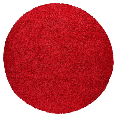 Bright Red Thick Shaggy Circle Rug - California - 150cm