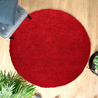 Bright Red Thick Shaggy Circle Rug - California - 150cm