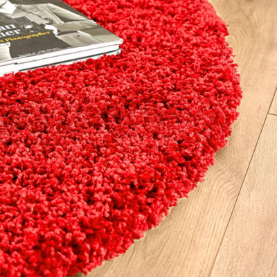Bright Red Thick Shaggy Circle Rug - California - 150cm
