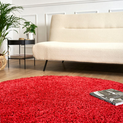 Bright Red Thick Shaggy Circle Rug - California - 150cm