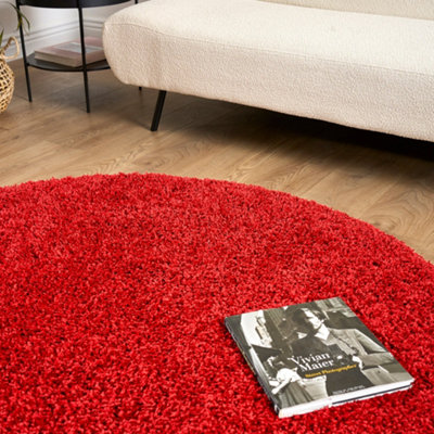 Bright Red Thick Shaggy Circle Rug - California - 150cm