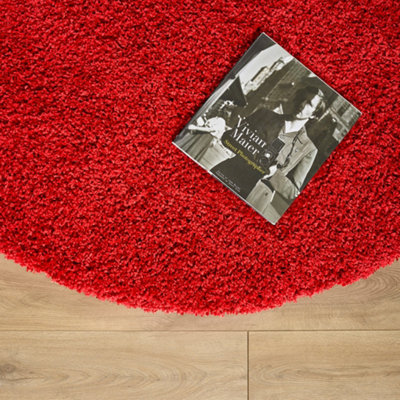 Bright Red Thick Shaggy Circle Rug - California - 150cm
